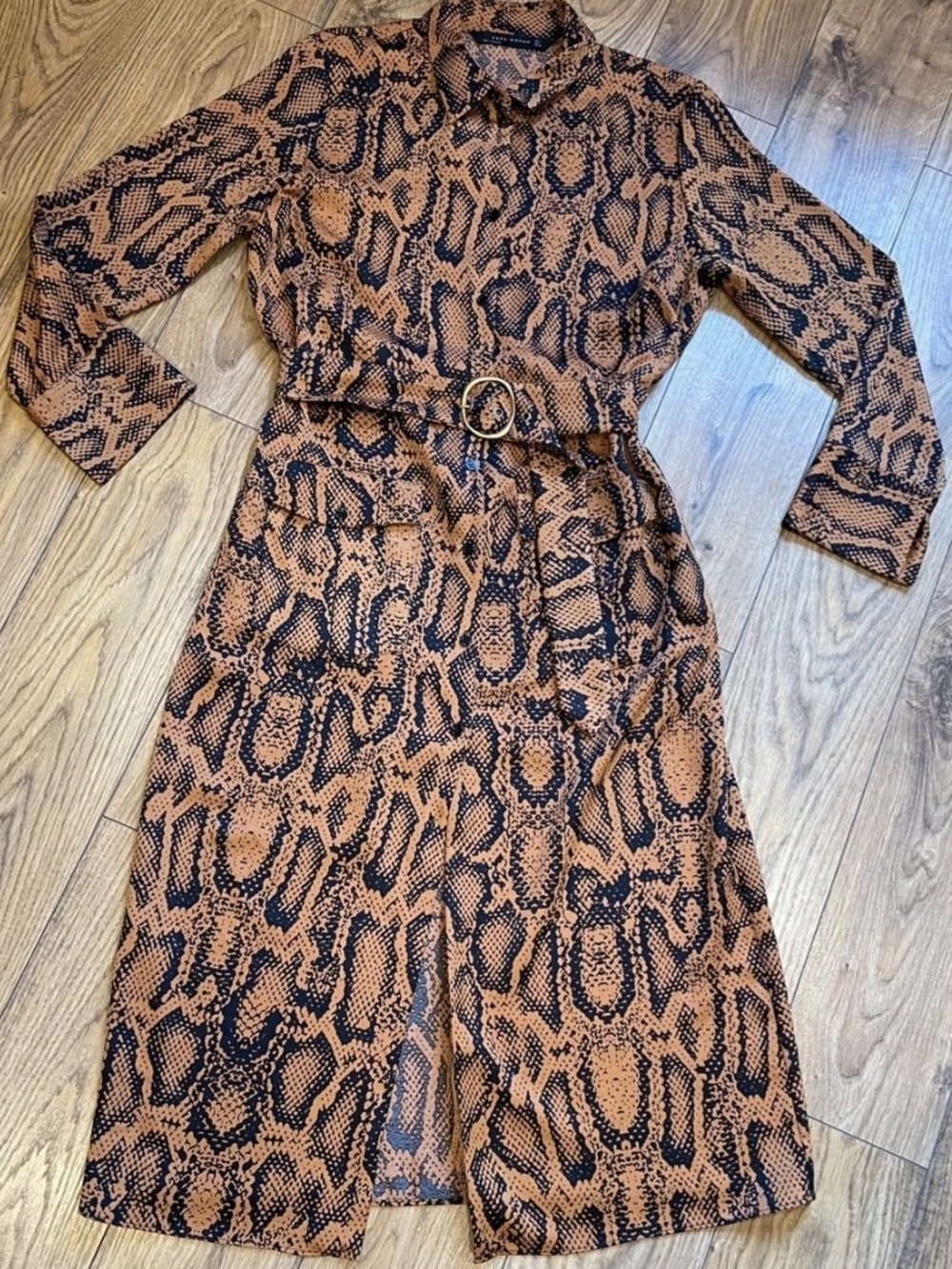 Zara Brown and Black Snake Print Belted Shirt Dress